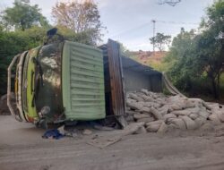 Tak Kuat Nanjak, Truk Tronton Angkut Semen Terguling di Tanjakan Tulamben